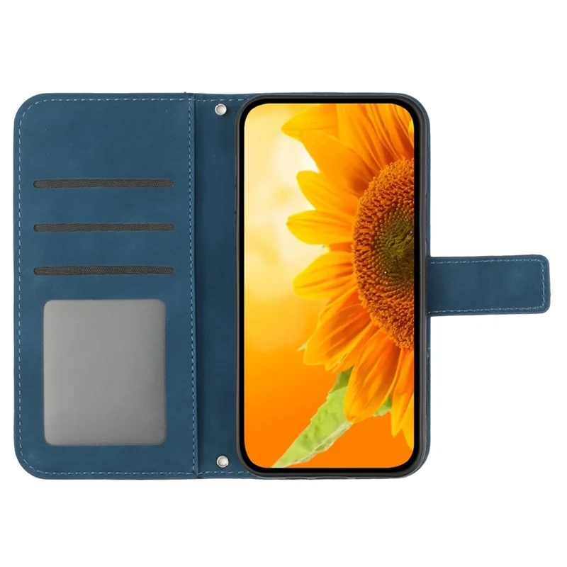 HT04 para Sony Xperia 1 V Funda de teléfono de cuero PU con soporte Patrón de girasol Estuche tipo billetera con correa de mano - Azul oscuro