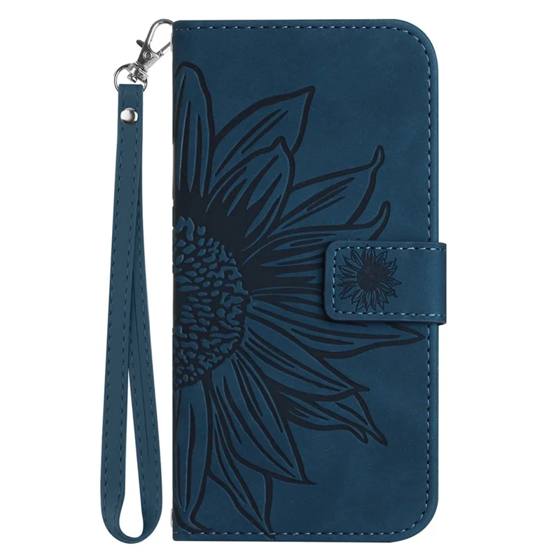 HT04 para Sony Xperia 1 V Funda de teléfono de cuero PU con soporte Patrón de girasol Estuche tipo billetera con correa de mano - Azul oscuro