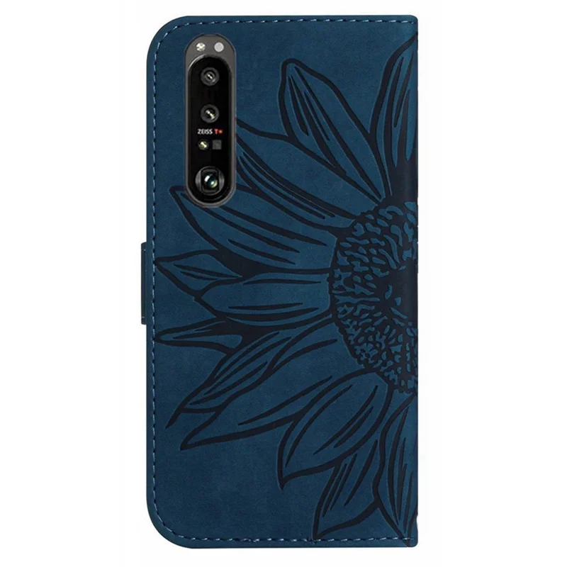 HT04 para Sony Xperia 1 V Funda de teléfono de cuero PU con soporte Patrón de girasol Estuche tipo billetera con correa de mano - Azul oscuro