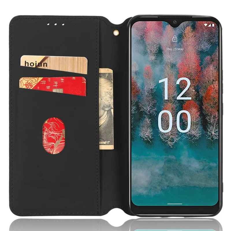 For Nokia C12 4G / C12 Pro / C12 Plus PU Leather Phone Case Rhombus Imprinted Wallet Stand Flip Cover - Black