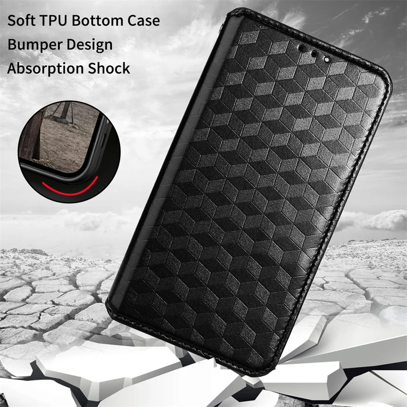 For Nokia C12 4G / C12 Pro / C12 Plus PU Leather Phone Case Rhombus Imprinted Wallet Stand Flip Cover - Black