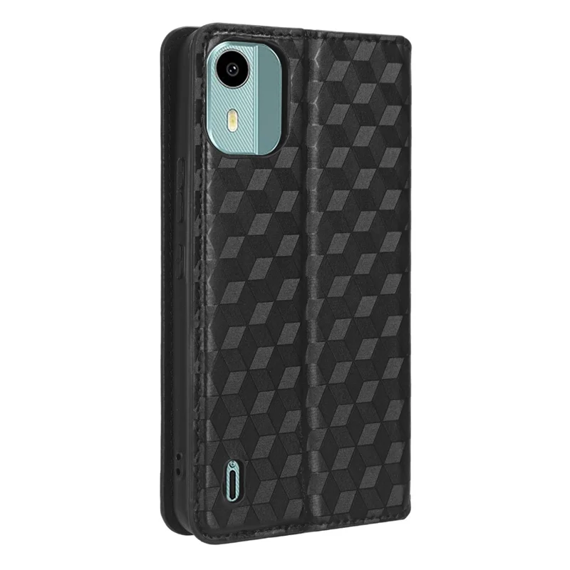 For Nokia C12 4G / C12 Pro / C12 Plus PU Leather Phone Case Rhombus Imprinted Wallet Stand Flip Cover - Black