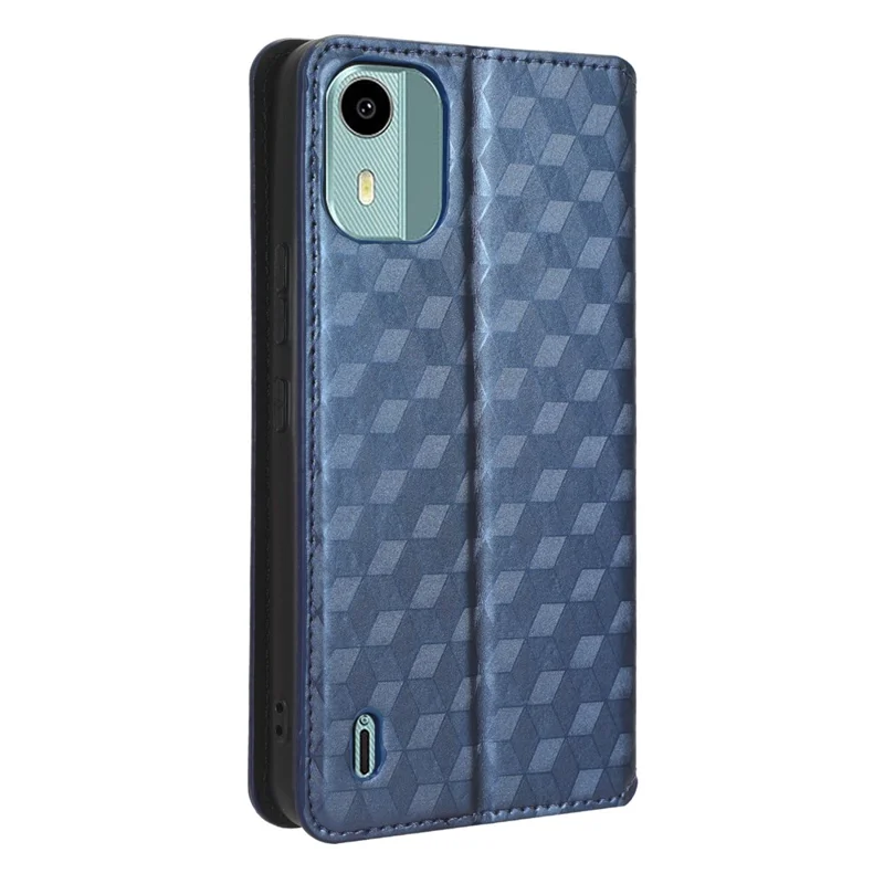 For Nokia C12 4G / C12 Pro / C12 Plus PU Leather Phone Case Rhombus Imprinted Wallet Stand Flip Cover - Blue