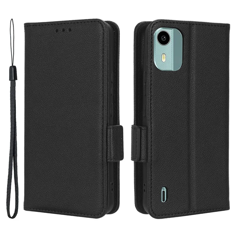 Wallet Case for Nokia C12 4G / C12 Pro / C12 Plus PU Leather Litchi Texture Flip Stand Phone Cover with Strap - Black