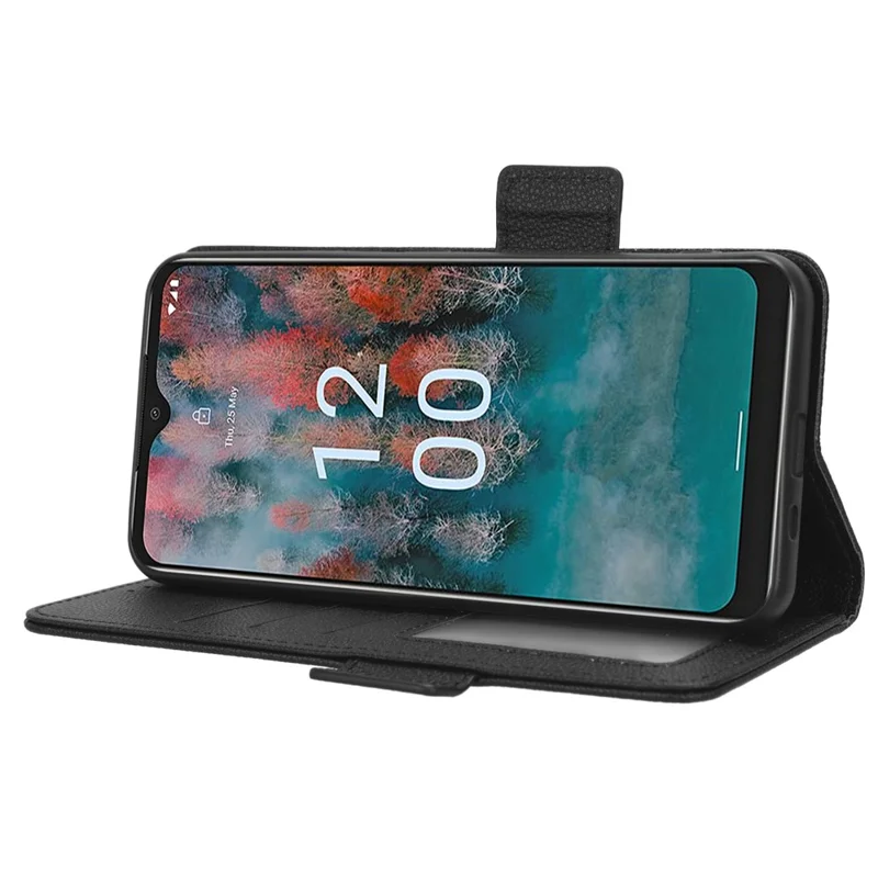Wallet Case for Nokia C12 4G / C12 Pro / C12 Plus PU Leather Litchi Texture Flip Stand Phone Cover with Strap - Black
