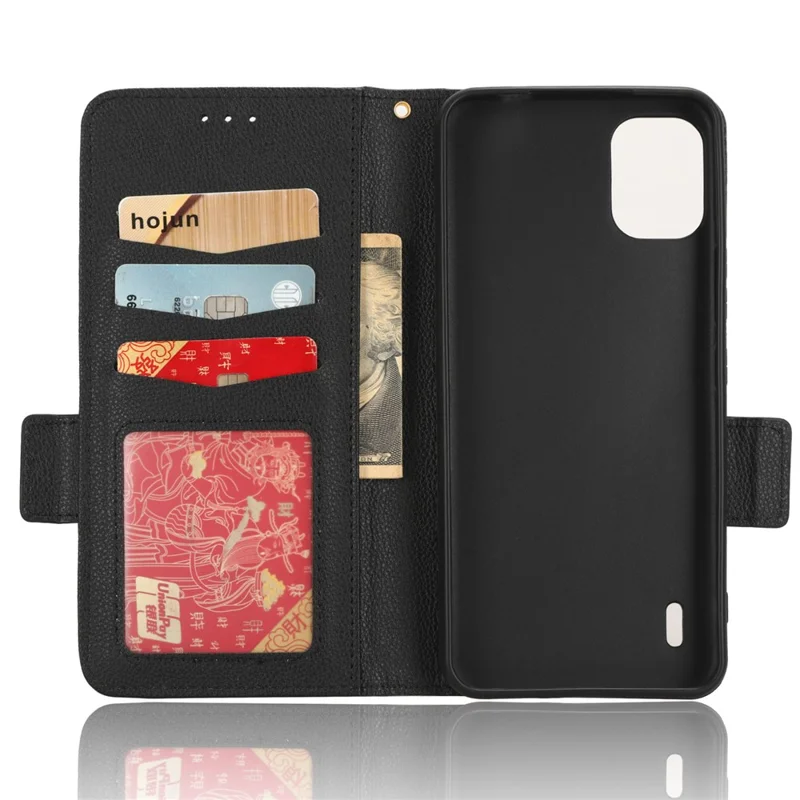 Wallet Case for Nokia C12 4G / C12 Pro / C12 Plus PU Leather Litchi Texture Flip Stand Phone Cover with Strap - Black