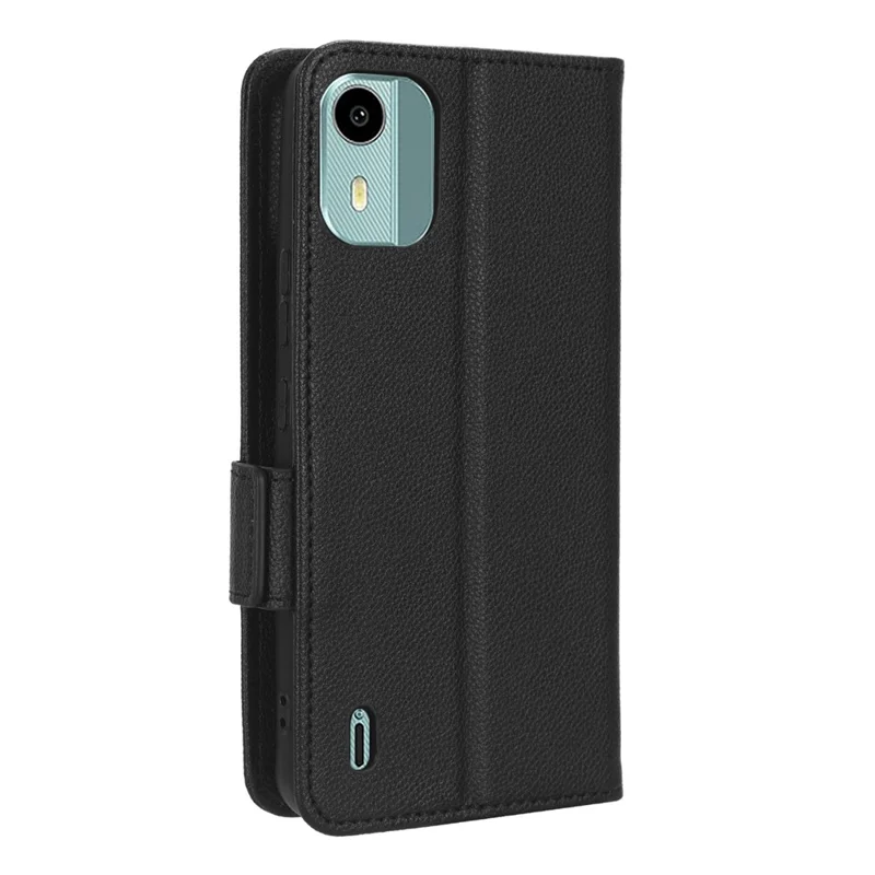 Wallet Case for Nokia C12 4G / C12 Pro / C12 Plus PU Leather Litchi Texture Flip Stand Phone Cover with Strap - Black