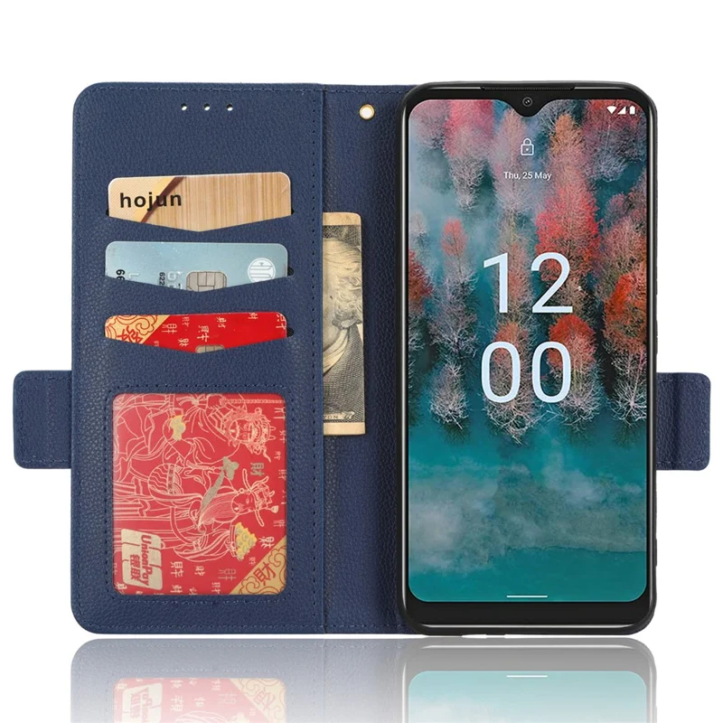 Wallet Case for Nokia C12 4G / C12 Pro / C12 Plus PU Leather Litchi Texture Flip Stand Phone Cover with Strap - Dark Blue