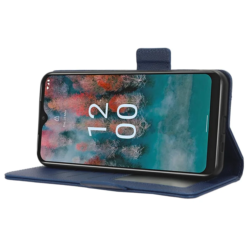 Wallet Case for Nokia C12 4G / C12 Pro / C12 Plus PU Leather Litchi Texture Flip Stand Phone Cover with Strap - Dark Blue