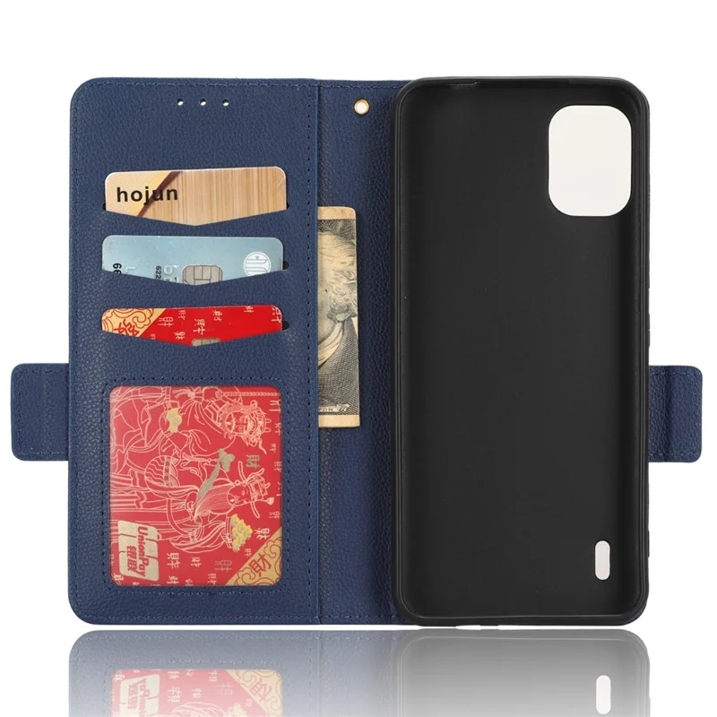 Wallet Case for Nokia C12 4G / C12 Pro / C12 Plus PU Leather Litchi Texture Flip Stand Phone Cover with Strap - Dark Blue