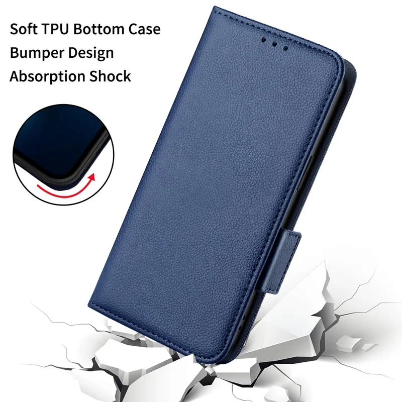 Wallet Case for Nokia C12 4G / C12 Pro / C12 Plus PU Leather Litchi Texture Flip Stand Phone Cover with Strap - Dark Blue