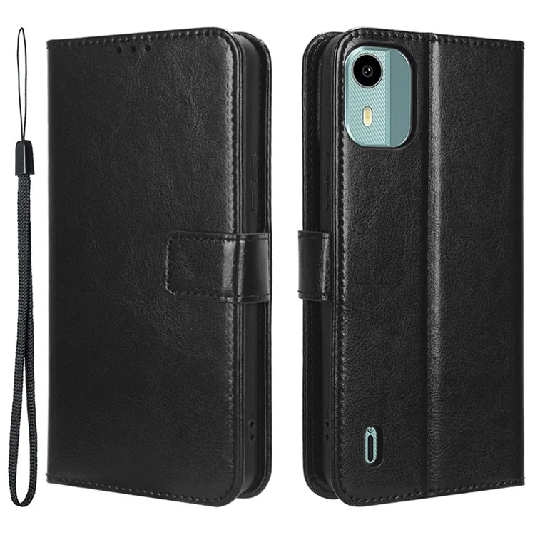 PU Leather Flip Cover for Nokia C12 4G / C12 Pro / C12 Plus Anti-Dorp Crazy Horse Texture Stand Phone Shell Wallet Case - Black