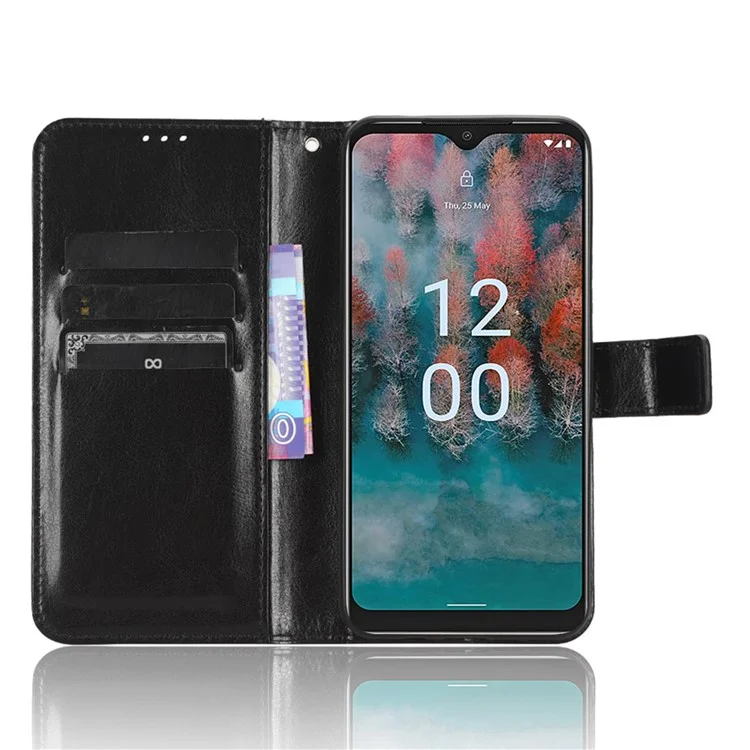 PU Leather Flip Cover for Nokia C12 4G / C12 Pro / C12 Plus Anti-Dorp Crazy Horse Texture Stand Phone Shell Wallet Case - Black
