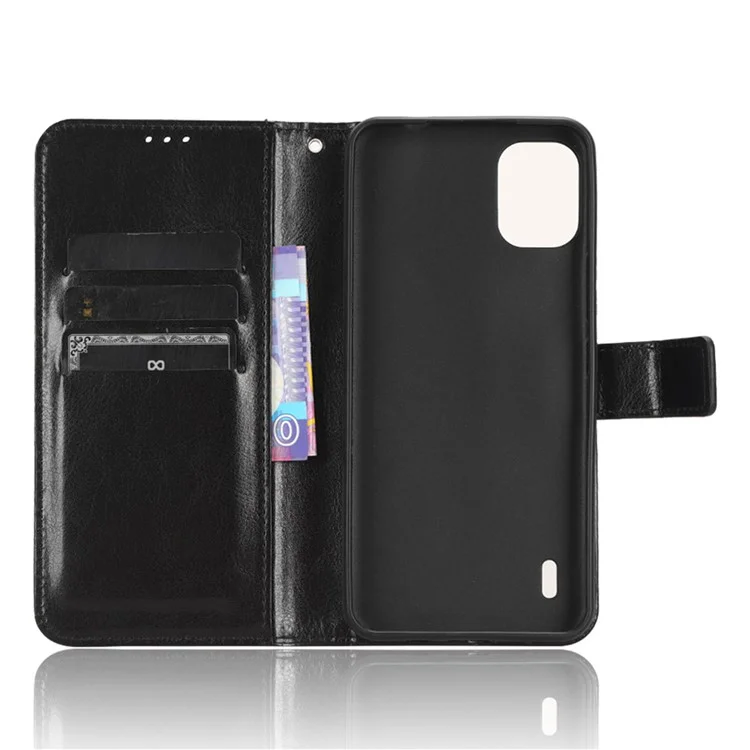 PU Leather Flip Cover for Nokia C12 4G / C12 Pro / C12 Plus Anti-Dorp Crazy Horse Texture Stand Phone Shell Wallet Case - Black