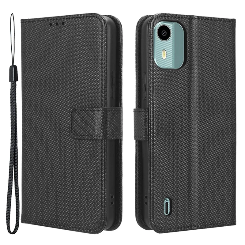 For Nokia C12 4G / C12 Pro / C12 Plus PU Leather+TPU Cell Phone Cover Diamond Texture Stand Wallet Flip Case - Black