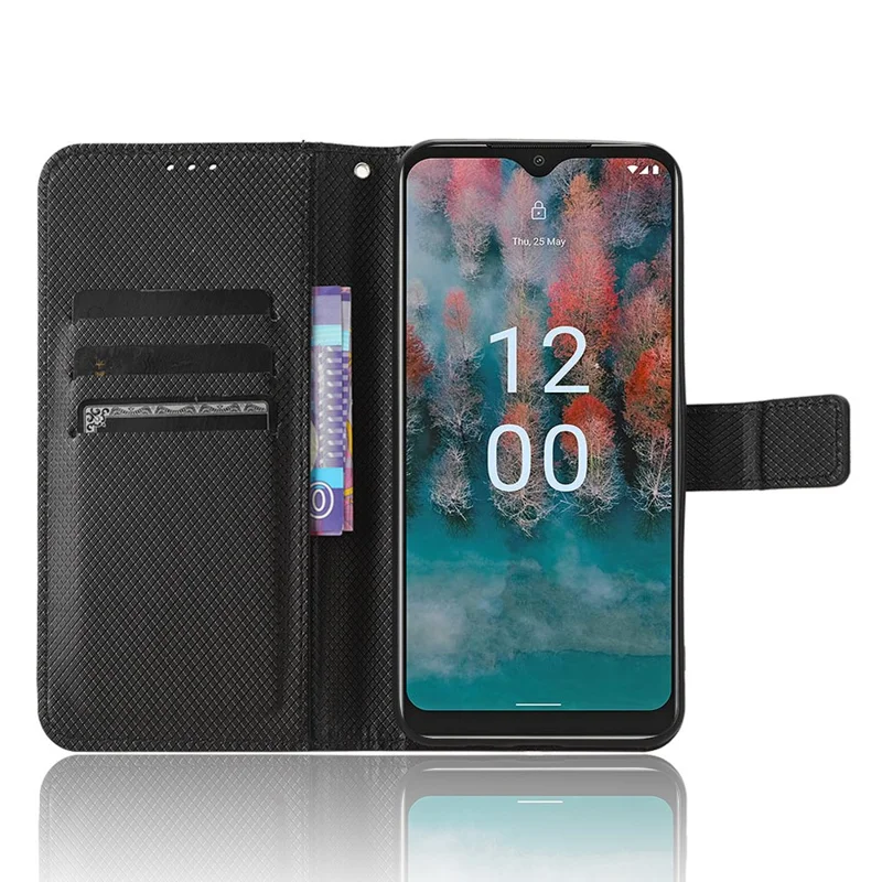 For Nokia C12 4G / C12 Pro / C12 Plus PU Leather+TPU Cell Phone Cover Diamond Texture Stand Wallet Flip Case - Black