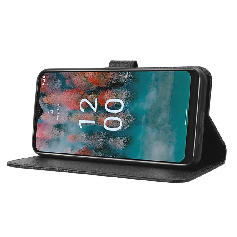 For Nokia C12 4G / C12 Pro / C12 Plus PU Leather+TPU Cell Phone Cover Diamond Texture Stand Wallet Flip Case - Black