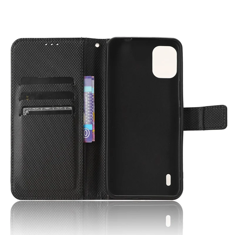 For Nokia C12 4G / C12 Pro / C12 Plus PU Leather+TPU Cell Phone Cover Diamond Texture Stand Wallet Flip Case - Black