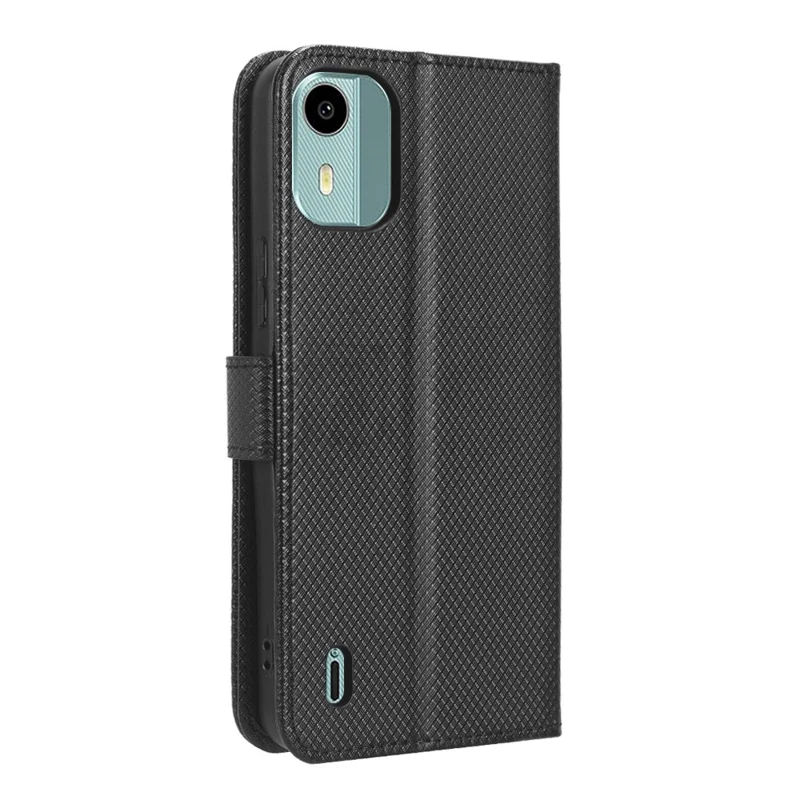 For Nokia C12 4G / C12 Pro / C12 Plus PU Leather+TPU Cell Phone Cover Diamond Texture Stand Wallet Flip Case - Black