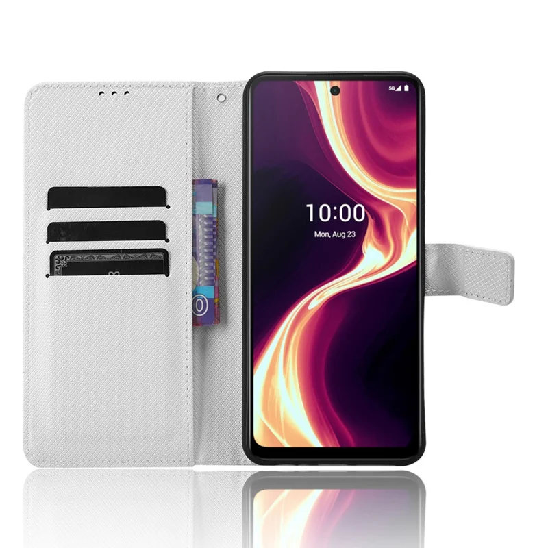 For Boost Mobile Celero 5G+ Diamond Texture PU Leather+TPU Cell Phone Cover Flip Stand Wallet Case - White