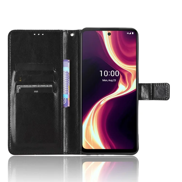 PU Leather Flip Cover for Boost Mobile Celero 5G+ Wallet Case Crazy Horse Texture Stand Anti-fall Phone Shell - Black