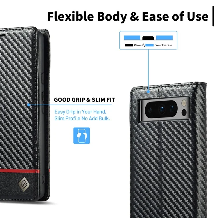 LC.IMEEKE для Google Pixel 8 Pro PU Leather Wallet Phone Case Carbon Fiber Texture Cover с подставкой - Горизонтальная полоска
