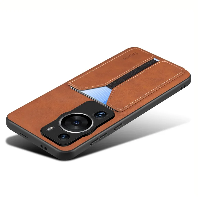 DENIOR Para Huawei P60 / P60 Pro Funda para tarjetas elásticas de piel sintética con revestimiento de TPU a prueba de golpes - Marrón