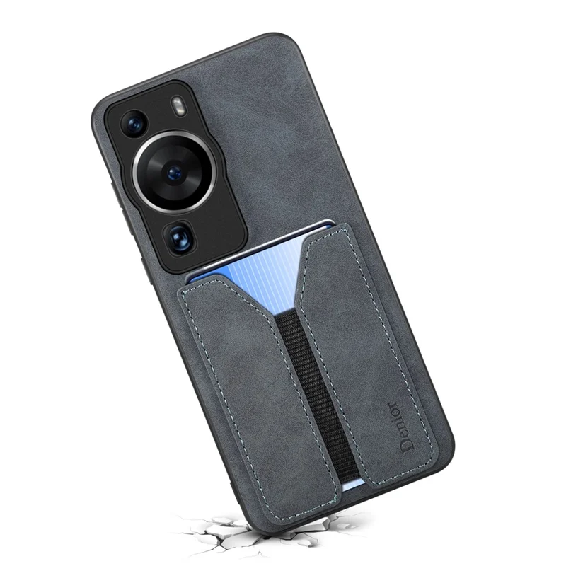 DENIOR For Huawei P60 / P60 Pro Elastic Card Holder Phone Case PU Leather Coated TPU Anti-drop Cover - Grey