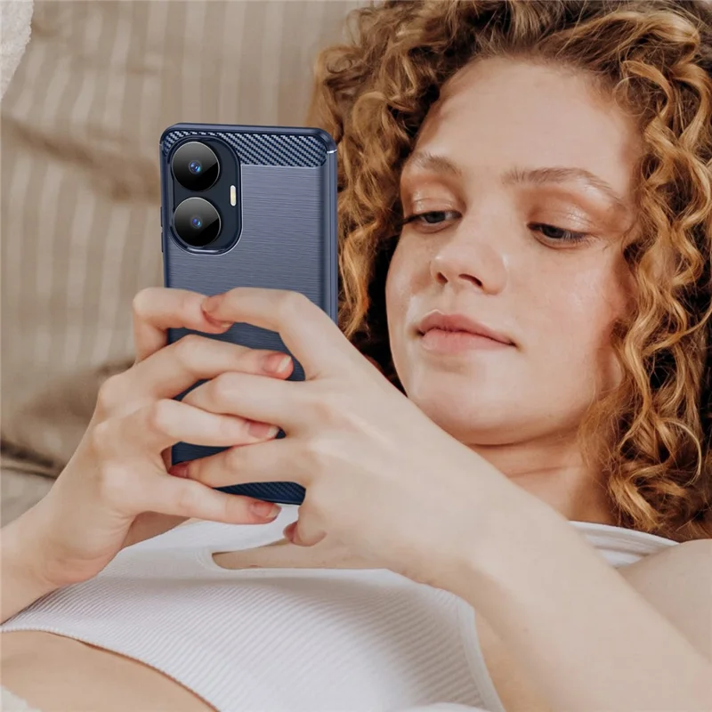 Carbon Fiber Texture TPU Case for Realme C55 4G , Brushed Anti-Scratch Phone Cover - Blue