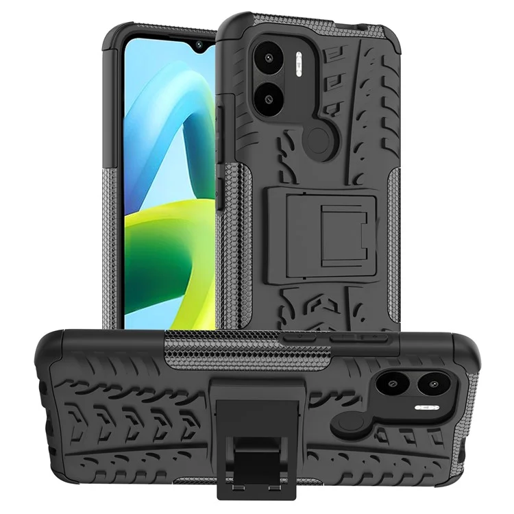 Für Xiaomi Redmi A1+ 4G / A2+ 4G / Poco C50 4G Kickstand Phone Cover PC+TPU Reifenmuster Hülle - Schwarz