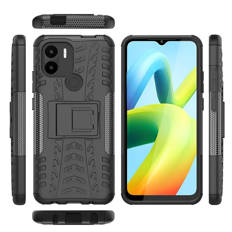 Für Xiaomi Redmi A1+ 4G / A2+ 4G / Poco C50 4G Kickstand Phone Cover PC+TPU Reifenmuster Hülle - Schwarz