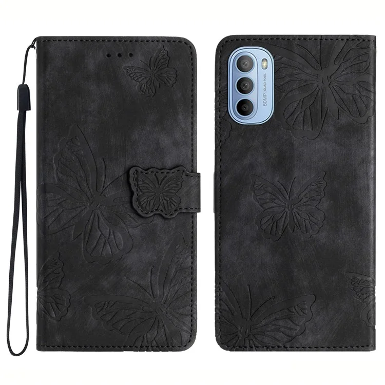 Pour Motorola Moto G62 5G Stand Phone Case Butterfly Imprinted Skin-touch Leather Wallet Phone Cover - Noir
