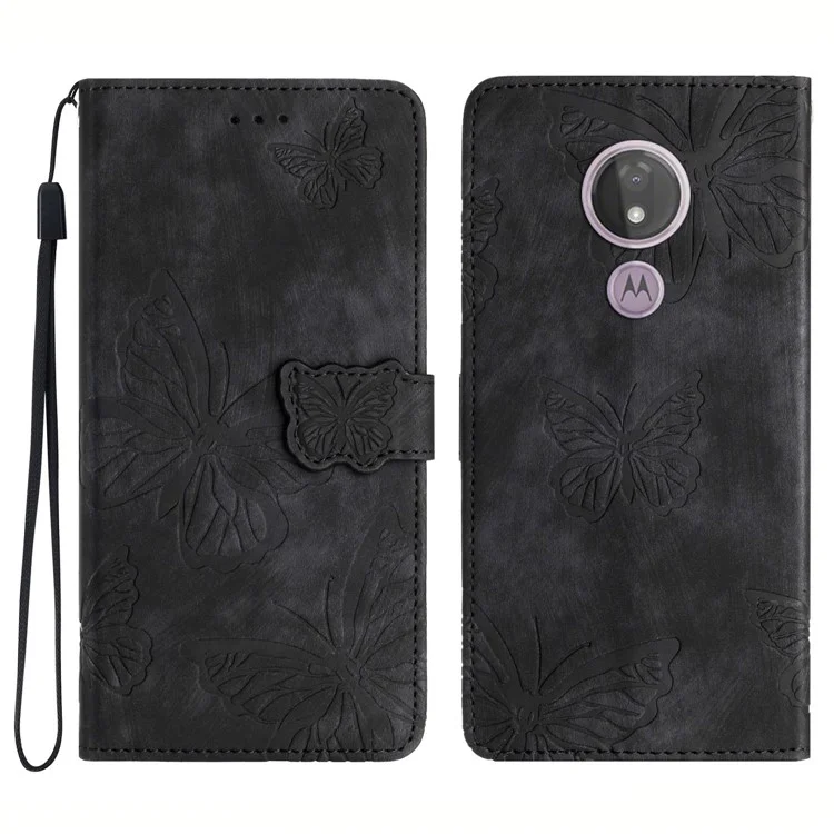 Für Motorola Moto G7 Power Skin-berührte PU-Lederhülle Schmetterlings-Prägemuster Ständer-Brieftasche Handyhülle - Schwarz