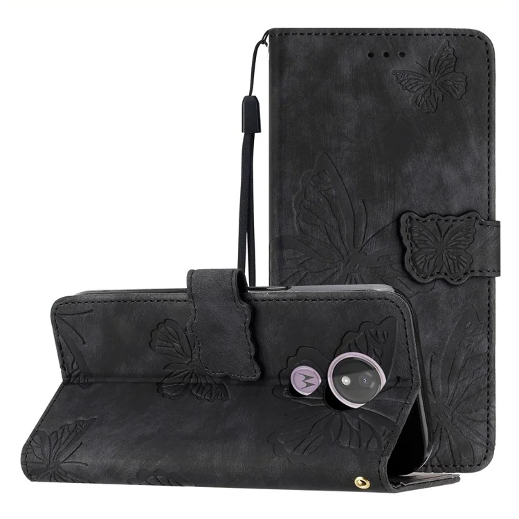 Für Motorola Moto G7 Power Skin-berührte PU-Lederhülle Schmetterlings-Prägemuster Ständer-Brieftasche Handyhülle - Schwarz