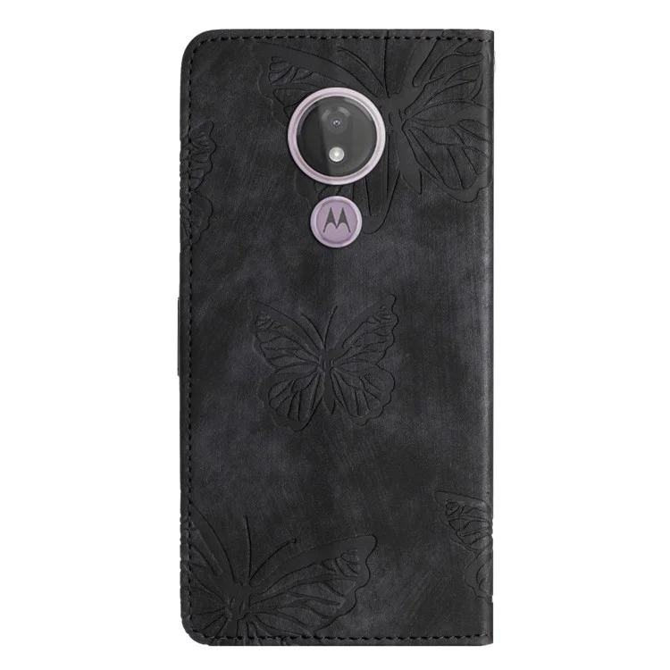 Für Motorola Moto G7 Power Skin-berührte PU-Lederhülle Schmetterlings-Prägemuster Ständer-Brieftasche Handyhülle - Schwarz