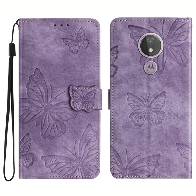 For Motorola Moto G7 Power Skin-touch PU Leather Case Butterfly Imprinted Stand Wallet Phone Cover - Purple