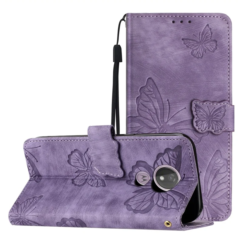 For Motorola Moto G7 Power Skin-touch PU Leather Case Butterfly Imprinted Stand Wallet Phone Cover - Purple