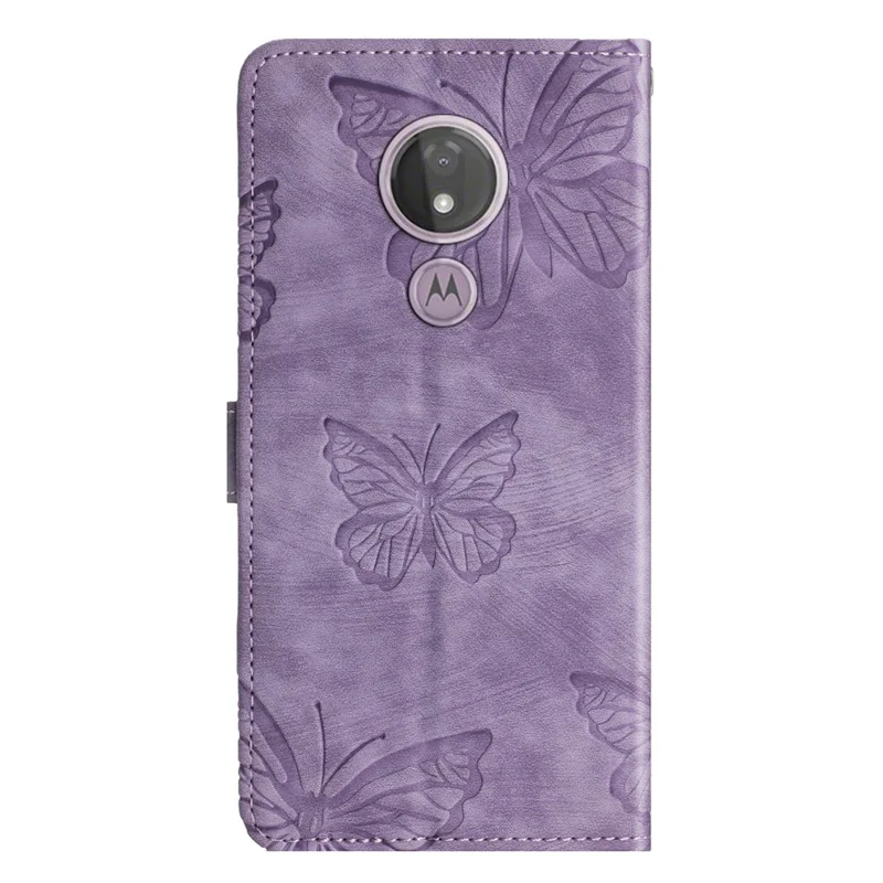 For Motorola Moto G7 Power Skin-touch PU Leather Case Butterfly Imprinted Stand Wallet Phone Cover - Purple