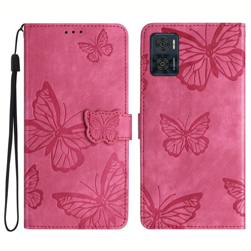 Para Motorola Moto E22 4G Butterfly Imprinted Leather Phone Case Skin-touch Cover with Stand Wallet - Rose