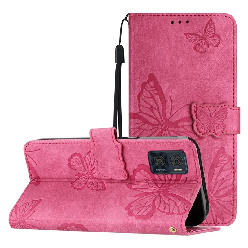 Para Motorola Moto E22 4G Butterfly Imprinted Leather Phone Case Skin-touch Cover with Stand Wallet - Rose