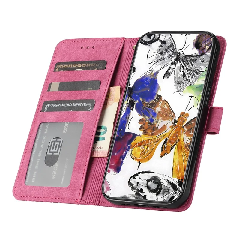 Para Motorola Moto E22 4G Butterfly Imprinted Leather Phone Case Skin-touch Cover with Stand Wallet - Rose