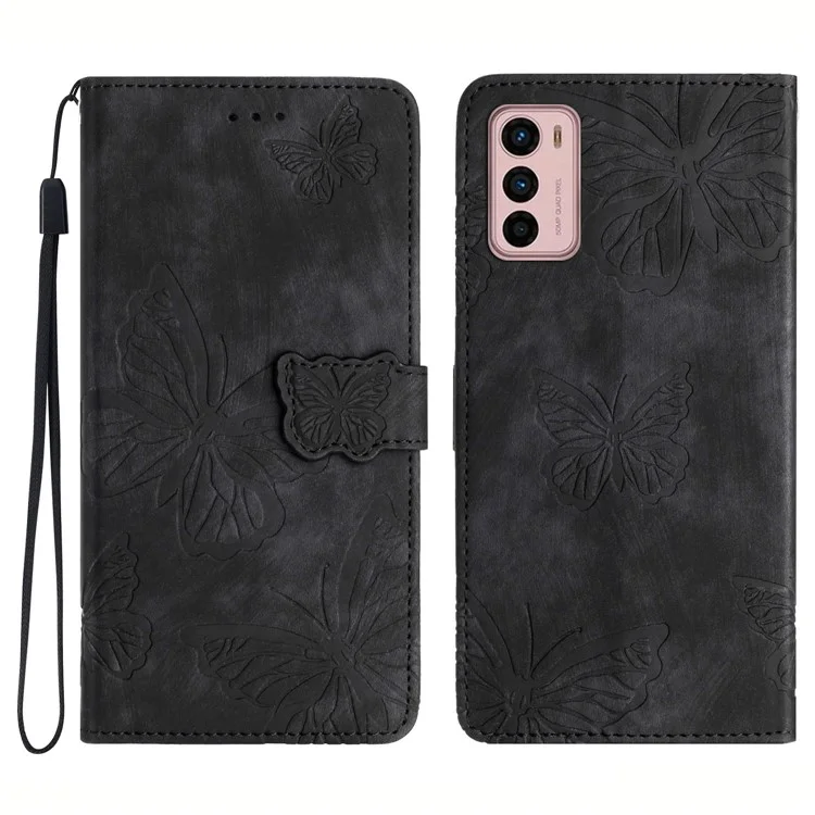 For Motorola Moto G42 4G Phone Stand Case PU Leather Butterfly Imprinted Skin-touch Wallet Cover - Black