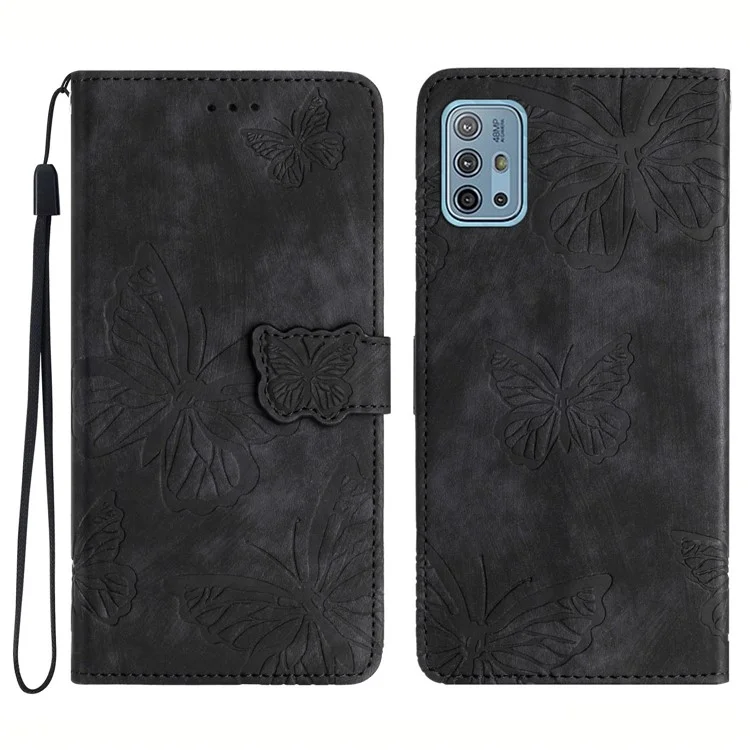 Pour Motorola Moto G10 / G20 / G30 Butterfly Imprinted Leather Phone Cover Skin-touch Stand Wallet Case - Black