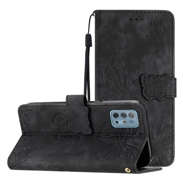 Pour Motorola Moto G10 / G20 / G30 Butterfly Imprinted Leather Phone Cover Skin-touch Stand Wallet Case - Black