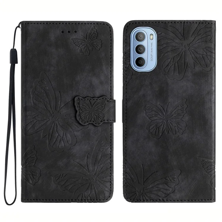 For Motorola Moto G31 4G / G41 4G Skin-touch Leather Phone Case Stand Wallet Butterfly Imprinted Cover - Black