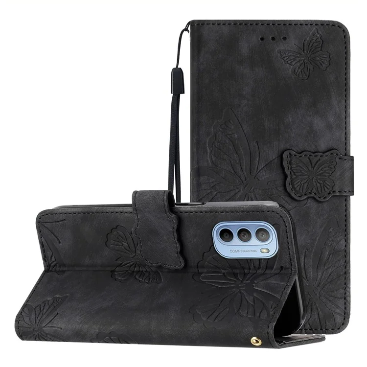 For Motorola Moto G31 4G / G41 4G Skin-touch Leather Phone Case Stand Wallet Butterfly Imprinted Cover - Black