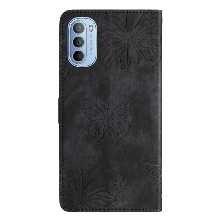 For Motorola Moto G31 4G / G41 4G Skin-touch Leather Phone Case Stand Wallet Butterfly Imprinted Cover - Black