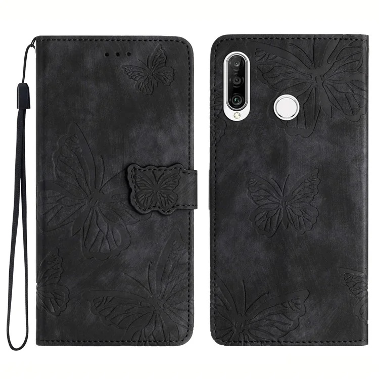 Für Huawei P30 Lite Stand Wallet Skin-touch Leder Handyhülle Schmetterling Geprägte Abdeckung - Schwarz