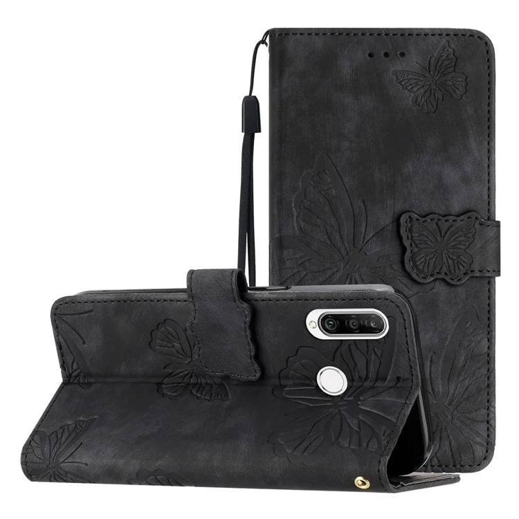 Für Huawei P30 Lite Stand Wallet Skin-touch Leder Handyhülle Schmetterling Geprägte Abdeckung - Schwarz