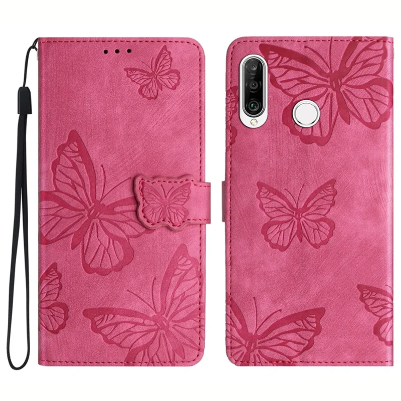 Futerał skórzany z funkcją wizytówki i podstawki do Huawei P30 Lite z nadrukiem motyla - różowy